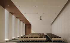 an empty auditorium with rows of seats and columns