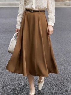 Lasaky - High-Waist Midi Skirt with Flattering Draping for Full Coverage High Waist Flowy Brown Skirt, Elegant Brown Flared Skirt, High-waisted Pleated Work Skirt, Non-stretch Long Brown Skirt, Non-stretch Brown Long Skirt, Brown A-line Skirt For Workwear, Relaxed Fit Brown Skirt, Brown A-line Skirt For Work, Brown Solid Color Long Skirt