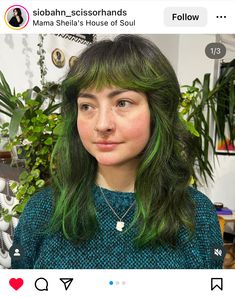 Green Tipped Hair, Coloured Bangs Hair, Green Bangs Brown Hair, Green Hair Dye Ideas, Moss Green Hair, Brown And Green Hair, Short Green Hair, Minimal Hair