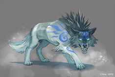 a drawing of a wolf with blue eyes and spikes on it's back legs