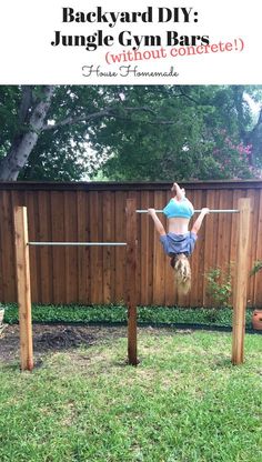 a woman is hanging upside down on a bar in the yard with text overlay that reads backyard diy june 6, 2013