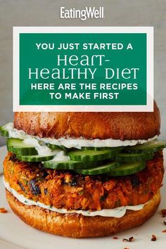 a chicken sandwich with cucumbers on it and the words, you just started a hearty diet here are the recipes to make first