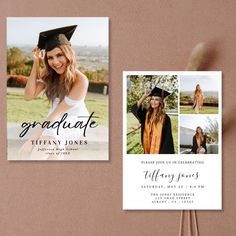 graduation announcement card with photo collage and graduate's cap on the front cover