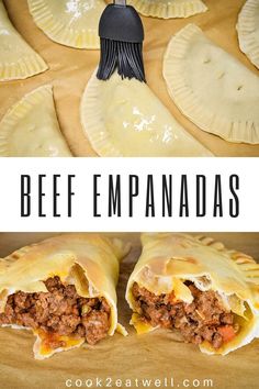 beef empanadas cut in half and stacked on top of each other with text overlay