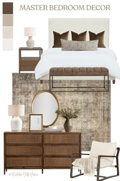 a bedroom with white and brown decor on the walls, bedding, dressers, mirror