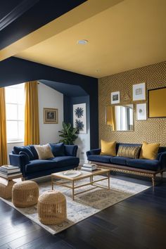 a living room with blue couches and yellow curtains