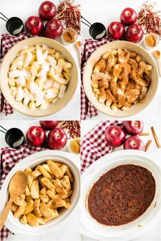 apples, cinnamon sticks and other ingredients in bowls on a checkered table cloth next to an apple pie