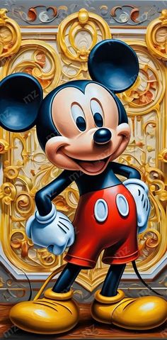 mickey mouse is standing in front of a golden background