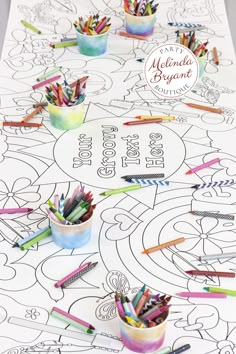 an adult coloring page with pencils and crayons in cups on the table