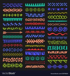 a set of hand drawn doodles with different shapes and colors on a black background