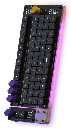 the keyboard is black and has purple keys on each side, along with four different color options