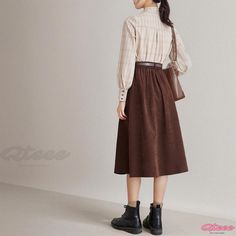 Qteee - Chic Midi Skirt with Waist Belt - Corduroy High-Waisted Knee-Length A-Line Umbrella Skirt Corduroy Skirt For Fall Workwear, Fall Corduroy Skirt For Workwear, Fall Corduroy Skirt With Pockets, Casual Corduroy Skirt For Fall, High-waist Corduroy Skirt For Fall, Brown Cotton Skirt For Fall, High Waist Corduroy Skirt For Fall, Fall Cotton Knee-length Skirt, Fall Knee-length Cotton Skirt