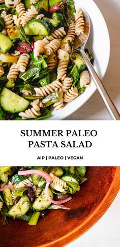 a bowl filled with pasta and vegetables on top of a table