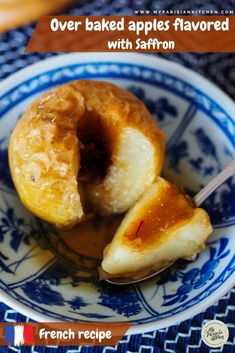 an image of baked apples with saffroni on a blue and white plate