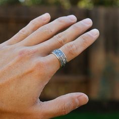 "This is a new style adjustable sterling silver ring features Buddhist Prayer \"Om Mani Padme Hum\" in Tibetan characters on the outside. The embossed Powerful Six Symbols in Tibetan Buddhism are: 唵（om）、嘛（ma）、呢（ni）、叭（pad）、咪（me）、吽（hum）. This simply elegant Buddhist Prayers Ring reminds us the key philosophy of Buddhism - All is Void. Humans often get loss in life while putting too much effort on judging others or complaining the surroundings, without realizing the world is just the reflection of Buddhist Prayers, Prayer Ring, Buddhist Prayer, Om Mani Padme Hum, Meditation Rings, Ring Mens, Tibetan Buddhism, Tibetan Buddhist, Gifts For My Boyfriend