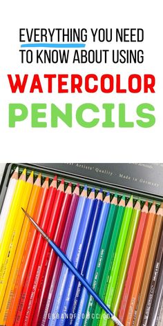 a box full of colored pencils with the words everything you need to know about using watercolor pencils