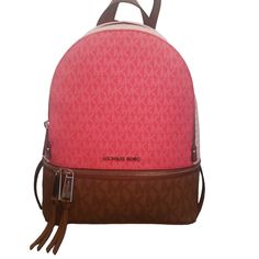 Nwt Michael Kors Colorblock Backpack In Various Shades Of Pink And Brown With The Mk Logo All Over Brown Adjustable Backpack Straps Approx 10" X 12" Pink Leather Backpack For Errands, Michael Kors Pink Travel Bag, Michael Kors Pink Travel Backpack, Michael Kors Pink Backpack For Everyday, Pink Michael Kors Backpack For Travel, Pink Backpack For Errands, Colorblock Backpack, Michael Kors Rhea Backpack, Michael Kors Mini Backpack