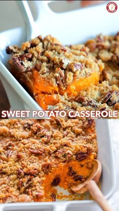 sweet potato casserole with pecans and crumbled toppings in a white dish