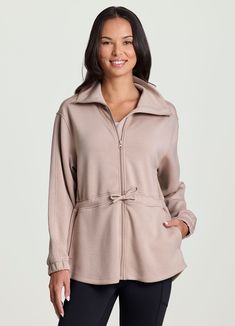 Our Downtown Scuba Anorak Jacket blends fashion and function for a transitional zip up coat you can layer and where anywhere, anytime. A flattering silhouette comes complete with an adjustable drawstring at the waist so you can customize the look and fit of this versatile lightweight jacket, while pockets offer storage space for you to stash the essentials. Whether it's for your weekday commute, daily errands, dog walks, or workouts, this everyday lightweight zip up jacket works for it all. Functional Drawstring Long Sleeve Outerwear For Winter, Versatile Long Sleeve Outerwear For Travel, Sporty Outerwear With Drawstring For Fall, Sporty Fall Outerwear With Drawstring, Half-zip Loungewear Outerwear, Fall Track Jacket With Drawstring And Long Sleeves, Athleisure Outerwear With Drawstring For Fall, Winter Hooded Jacket With Functional Drawstring, Versatile Long Sleeve Outerwear With Drawstring Hood