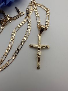 24" Long Fígaro Chain  Cross Pedant  Gold Plated Gold Crucifix With Figaro Chain Jewelry, Gold Cross Figaro Chain Necklace, Gold Figaro Chain Cross Necklace, Gold Figaro Chain Necklace With Cross Pendant, Gold Figaro Chain Necklace With Cross Shape, Silver Crucifix Figaro Chain Jewelry, Silver Crucifix Necklace With Figaro Chain, Crucifix Figaro Chain Necklace As Gift, Figaro Chain Crucifix Necklace As Gift