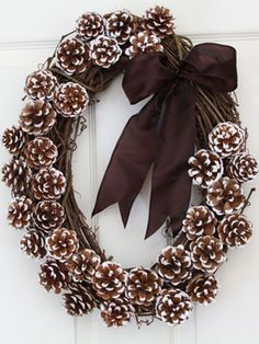 a wreath with pine cones and brown ribbon hanging on the front door to decorate it