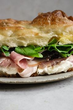 a sandwich with meat, cheese and greens on a plate