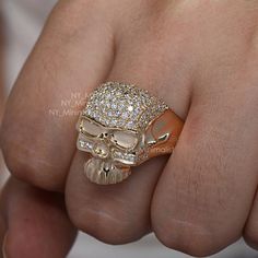 Solid 18K Yellow Gold Skull Ring in Genuine Pave SI clarity G-H Color Diamond Statement Skull Ring H Halloween Skull Shaped Gold Jewelry, Gold Rings With Diamond Eyes For Promise, Gold Promise Ring With Diamond Eyes, Gold Skull Ring Halloween Gift, Gold Skull Ring For Halloween Gift, Gold Rings With Diamond Eyes For Anniversary, Halloween Rings Jewelry, Halloween Engagement, Minimalist Halloween