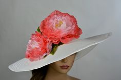 "This hat will surely bring you compliments! I can make these flowers in any colors you like. Wired brim Brims are approx. 5.5\"-6\" One size hat ( 21\"- 22\") Please feel free to ask me any questions or special requests. If the bow loses it's form and in case there is a slight deformation during shipping, please know that it is very easy fix. Just hold it under a hair dryer for a few seconds and adjust it. Thank you very much for shopping at my shop. Have a great day!" Red Summer Hats For Garden Party, Red Hats For Spring Garden Party, Wide Brim Fascinator With Handmade Flowers For Garden Party, Handmade Flowers Costume Hats For Summer Races, Summer Handmade Flowers Costume Hats For Races, Summer Fascinator With Handmade Flowers And Curved Brim, Red Summer Fascinator For Garden Party, Red Hat With Handmade Flowers For Kentucky Derby, Handmade Flower Costume Hats For Summer Party