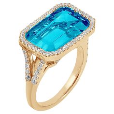 Blue Topaz East-West Emerald Cut Ring With Diamonds in 18K Yellow Gold, From 'Gossip' Collection Stone Size: 10 x 15 mm Gemstone Approx Wt: Blue Topaz- 9.70 Carats Diamonds: G-H / VS, Approx Wt: 0.78 Carats Emerald Cut Ring, Garnet And Diamond Ring, Emerald Cut Diamond Engagement, Emerald Cut Rings, Engagement Ring Diamond Cut, Amethyst Gold, Pink Topaz, Emerald Cut Diamonds, Cocktail Rings