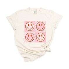 Looking for a cute versatile top to wear this summer? Make sure to grab one of our Pink Four Square Smiley Faces garment dyed graphic tees! This soft and comfortable graphic tee is the perfect top for any outfit. It can be paired with biker shorts, jeans, or even a simple skirt/dress! This tee is true-to-size, so be sure to order your regular t-shirt size! If you are looking for a more oversized look, make sure to size up! Simple Skirt, Smiley Faces, Shorts Jeans, Skirt Dress, Biker Shorts, Four Square, Smiley, Fitness Fashion, Sleeve Styles