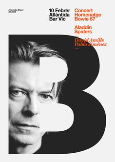 an advertisement for the concert, featuring a man's face and letter b in black and white