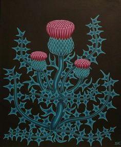 a painting of three pink flowers on a black background with blue stars around it and the bottom part of the flower