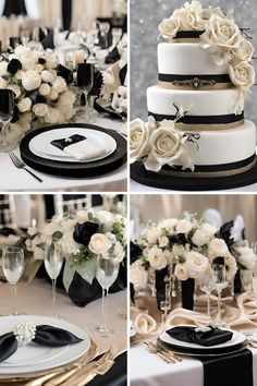 wedding cake with white flowers and black ribbon on table set for formal dinner or reception