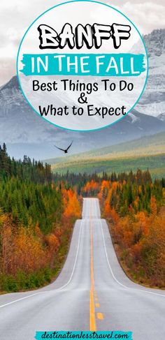 an empty road with trees and mountains in the background text reads, banff in the fall best things to do what to expect