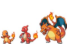 the pixel art shows three different types of pokemons, one red and one orange