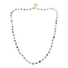 Connie Craig Carroll Jewelry Drew Gemstone Bead Drop Necklace Delightfully distinctive, this pretty standout makes a look with its forward-facing clasp design that features an eye-catching floral charm.       Necklace approx. 40"L x 3/16"W      Drop approx. 1-7/16"L x 1-1/16"W (not removable)     Goldtone, polished finish      Lobster-claw clasp   Stone Information       All sizes and weights approximate     Green Aventurine: Freeform (12x6-11x5mm)     Strawberry Quartz: Freeform (12x6-11x5mm) Feminine Adjustable Beaded Necklaces, Adjustable Feminine Beaded Necklaces, Adjustable Feminine Beaded Necklace, Feminine Single Strand Jewelry With Round Beads, Feminine Single Strand Round Beads Jewelry, Feminine Beaded Necklaces For Jewelry Making, Jewelry Drawing, Color Bands, Jewelry Show