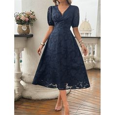 Season:Summer; Fabric:Polyester; Sleeve Length:Short Sleeve; Look After Me:Machine wash; Gender:Women's; Style:Streetwear,Elegant; Elasticity:Micro-elastic; Occasion:Cocktail Party,Date,Party,Wedding Guest; Fit Type:Regular Fit; Dresses Type:Lace Dress,Plain Dress,Swing Dress,A Line Dress; Design:Lace,Patchwork; Neckline:V Neck; Listing Date:07/30/2024; Bust:; Length:; Shoulder Width:; Sleeve:; Waist:; Fit US Size:; Fit UK Size:; Fit EU Size:; Dress Length Type:Midi Dress; Print Type:non-printin Midi Dress Lace, Elegant Streetwear, Women Lace Dress, Plain Dress, Lace Patchwork, Daily Dress, Lace Midi Dress, Navy Blue Color, Navy Blue Dresses