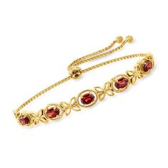 Ross-Simons - 2.50 ct. t.w. Garnet Bolo Bracelet in 18kt Gold Over Sterling. Adjustable and rich with color, our 18kt yellow gold over sterling silver bolo bracelet is a regal must-have. An embellished row of 2.50 ct. t.w. oval garnets are hosted in floral settings along a box chain. Adjusts to fit most wrists. Garnet bolo bracelet. Garnet birthstones are the perfect gift for January birthdays. Garnet Wedding, Tanzanite Bracelet, Valentines Bracelets, Garnet Birthstone, Bolo Bracelet, Garnet Bracelet, Garnet Jewelry, Silver Chain Bracelet, Fine Jewelry Bracelets