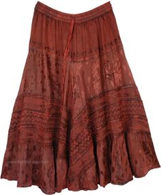 Wine Color Yoke Skirt with Panels - This deep wine mid-length skirt is a modernly styled cowgirl skirt, which you can wear with boots and a hat to show off that perfect look of yours. Don't forget to carry a sling bag with fringes for an exclusive rodeo look! It has a floral design on the fabric and the skirt is embellished with a lace of the same color. #tlb #patchwork #Embroidered #Misses #Solid #Fall #Handkerchief #Halloween #WesternSkirts #westernskirt Bohemian Knee-length Skirt For Fall, Yoke Skirt, Cowgirl Skirt, Skirt Costume, Western Skirts, Merlot Wine, Bohemian Style Clothing, Hippie Skirts, Jacquard Skirt