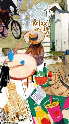 collage of various images with people on bikes and watermelon in the foreground