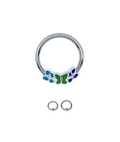 a pair of surgical steel captive rings with blue and green butterfly design on each end