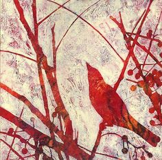 a painting of a red bird perched on a tree branch with berries in the foreground