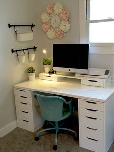 a white desk with a computer on it