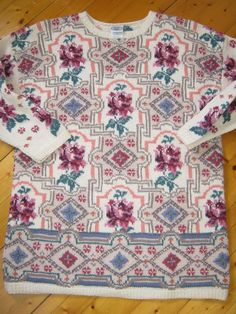 LAURA ASHLEY Vintage Cottage Floral Embroidered Chunky Oversized Wool Winter Jumper, Medium Vintage Floral Print Cardigan For Winter, Oversized Long Sleeve Floral Print Sweater, Oversized Floral Print Sweater, Floral Jacquard Sweater, Sezane Floral Sweater