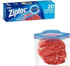 a package of ziploc freezer bags next to a bag of frozen meat