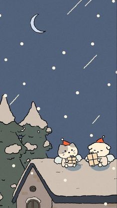 two cartoon cats sitting on top of a roof in the snow at night with falling snow