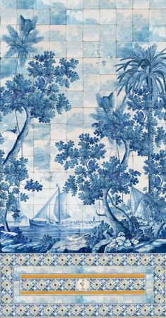 a blue and white tile wall with trees, boats and birds in the water on it