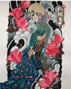 Traditional Tattoo Artwork, Japanese Phoenix Tattoo, Phoenix Painting, Traditional Tattoo Flowers, Peacock Tattoo, Japan Painting, Full Back Tattoos, Phoenix Art, Peacock Painting