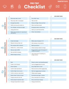 the pre - trip checklist is shown in red and blue