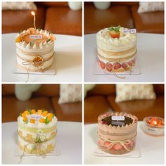 four different cakes with candles on top of them